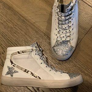 Shu shop glitter tongue high top sneakers